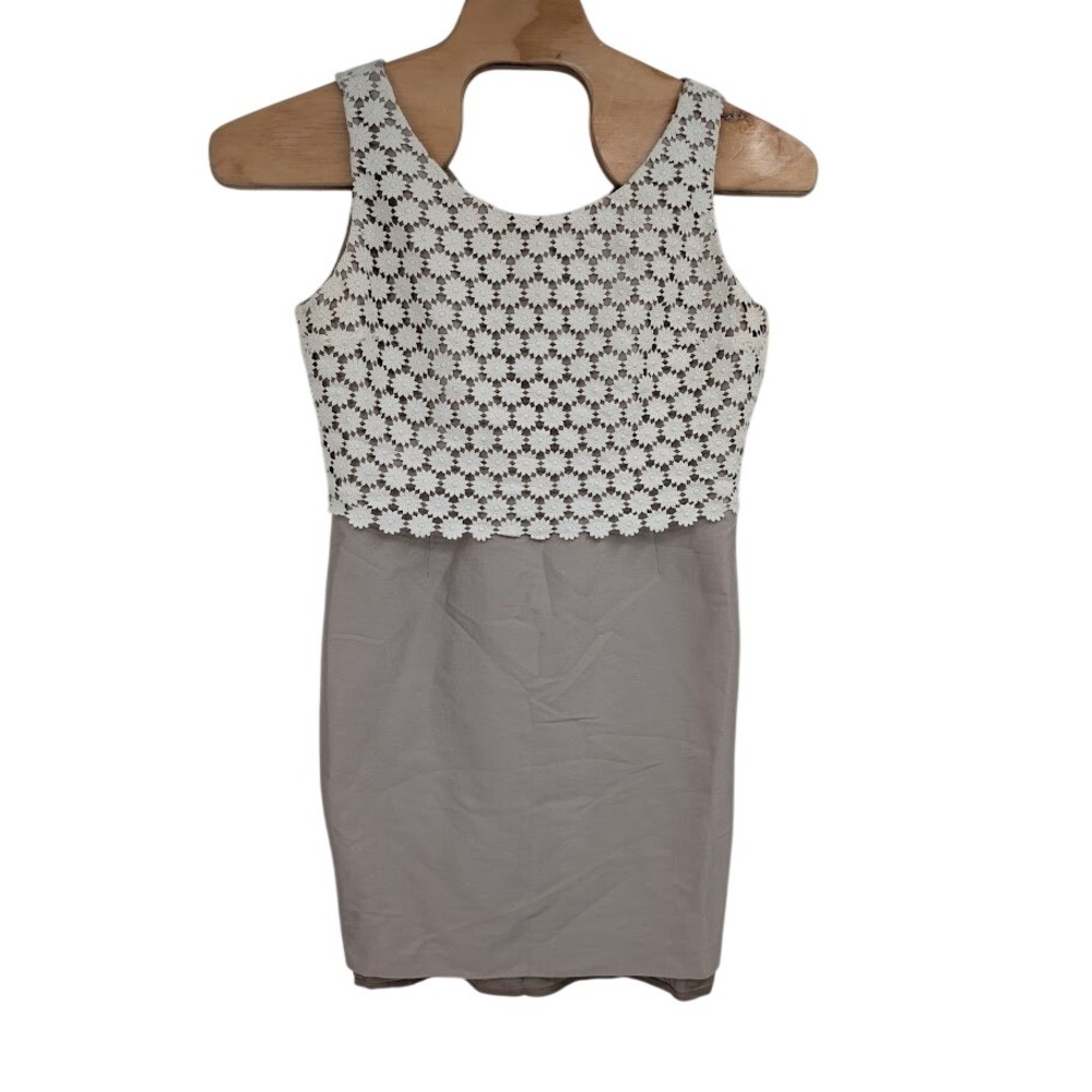 Hobbs Womens White Lace Sleeveless Shift Dress Wool Blend Cream and Brown sz 16